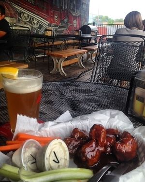 Vegan wings with teriyaki + BBQ sauce, extra vegan ranch, and a beer. at Trolley Wing Company in Salt Lake City