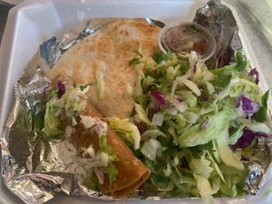 Vegan Flauta and vegan cheese quesadilla at Momcorn in Gurnee