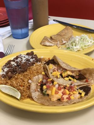 Fish tacos and quesadilla at Momcorn in Gurnee