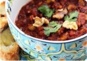 Akudjura earth bowl chili. A beautiful mixture of mushrooms, black beans, edamame, akudjura, coriander, jalapeño, carrots, celery, tomato and onions. at The Thirsty Koala in Astoria