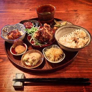 yummy dinner plate with organic genmai rice at Padma in Kyoto
