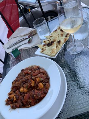 sweet potato and bean chili with naan chips  at Chef's Bistro in North Conway