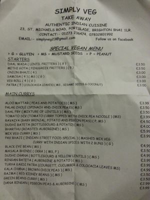 vegan menu from simply veg at Simply Veg in Brighton
