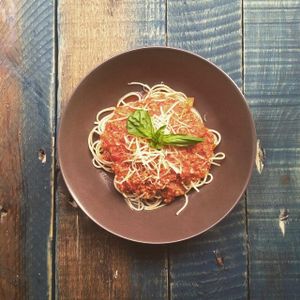 spagetti integral bolognesa veganos at Ay Mi Madre in Madrid