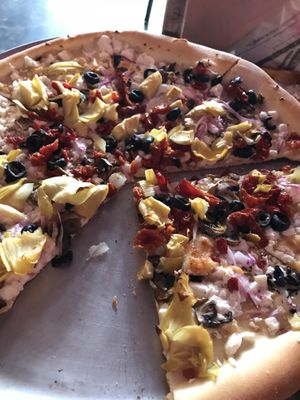 Vegan white vegetable pizza at Rosie's Pizzeria in Pagosa Springs