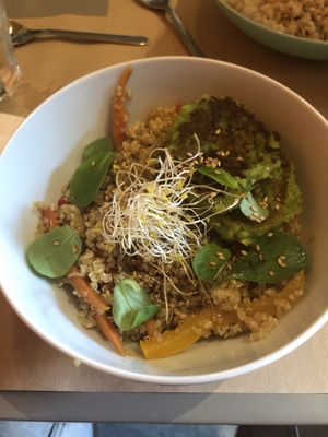 Quinoa and veggies with teriyaki sauce with fried mashed peas at Bio Bento in Barcelona