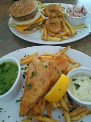 vegam fish n chips, double burger at Veg Bar in South West London