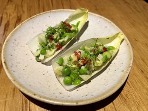 Spring pea, hearts of palm, avocado, witlof, lemongrass and finger lime  at Transformer Nextdoor in Fitzroy