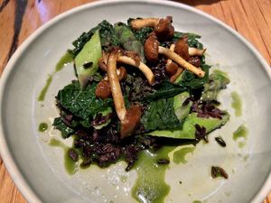 Asparagus, black rice, Tuscan kale, herb bouillon, sherry vinegar & chestnut mushrooms  at Transformer Nextdoor in Fitzroy