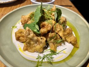 Lion’s mane pakoras with coconut yoghurt and tamarind dipping sauce  at Transformer Nextdoor in Fitzroy