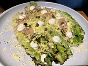 Grilled cos with capers, shallots, tarragon 'mayonnaise' & Pyengana cheddar  at Transformer Nextdoor in Fitzroy