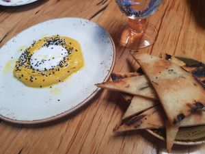 Spiced carrot, hazelnut & red lentil dip w/ coconut yoghurt at Transformer Nextdoor in Fitzroy