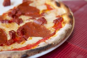 Vegan pepperoni pizza at Morelli Zorelli in Brighton