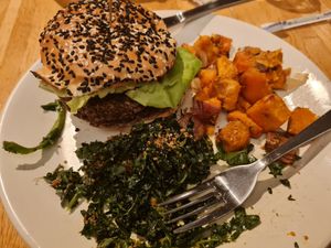 Burger, sweet potatoes, and kale at True Food Kitchen in Atlanta