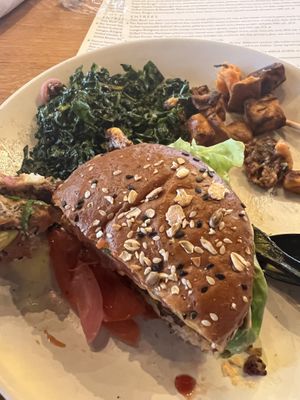 Vegan double burger, kale salad and sweet potato hash  at True Food Kitchen in Atlanta