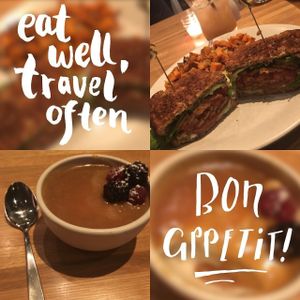 Seitan Sandwich, sweet potatoes, flan at True Food Kitchen in Atlanta