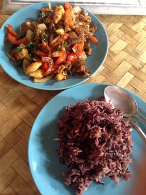 brown rice and fried vegetables at Bamboo Bee Vegetarian in Chiang Mai