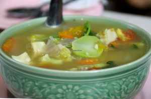 "Local Soup". The broth tasted fermented, so it´s not for everybody´s taste.  at Bamboo Bee Vegetarian in Chiang Mai