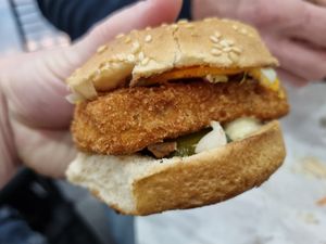 Mini phish burger at Lord of the Fries - Southern Cross Station in Melbourne