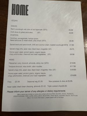 Updated menu as of March 2025  at Home Restaurant in Belfast