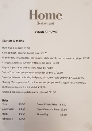 Vegan Menu at Home Restaurant in Belfast