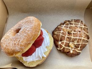 Strawberry split and fritter at Donut Bar in San Diego