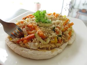 Arab Pizza, hummus, vegetables, quinoa and pita bread at Mexicali by Trofo Garden in Bucaramanga
