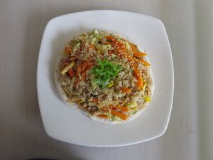 Arab Pizza, hummus, vegetables, quinoa and pita bread at Mexicali by Trofo Garden in Bucaramanga