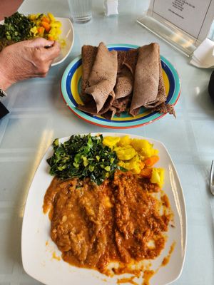 Number one shiro, spicy red lentils goommen kale and mix vegetables. at Kaffa Ethiopian Cuisine in Berkeley