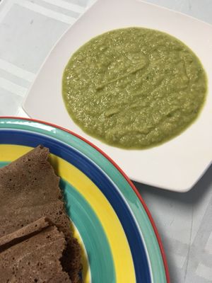 Ethiopian hummus ($4 as an extra side, $2 as a substitute for a side that comes on a plate) tastes like cucumbers. at Kaffa Ethiopian Cuisine in Berkeley