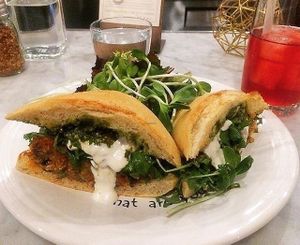 I am AWESOME and so greatful of this eggplant parm sandwich with hemp seed pesto! SO delicious!!  at Cafe Gratitude - DTLA in Los Angeles