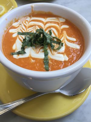 Soup of the day: eggplant & tomatoes at Cafe Gratitude - DTLA in Los Angeles