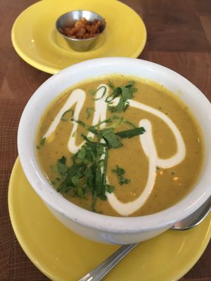 I Am...thriving (cream of broccoli) w/chipotle maple coconut bacon at Cafe Gratitude - DTLA in Los Angeles