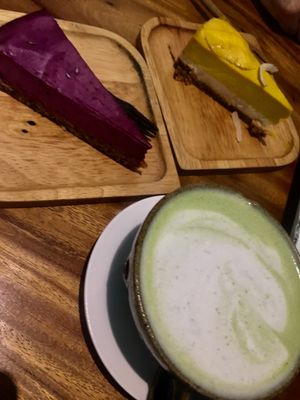 blueberry cheesecake, mango cheesecake and matcha latte  at Backyard Cafe - Riverside in Phnom Penh