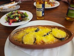 Vegan Moussaka with side salad at Erbils in Munich