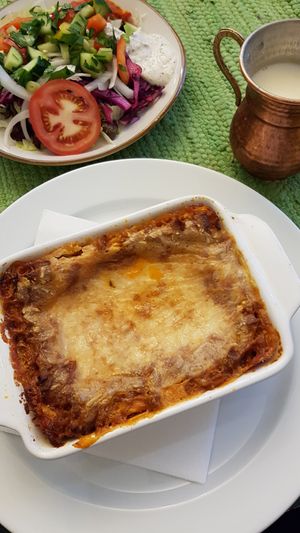 Vegan seitan lasagna that came with a salad at Erbils in Munich