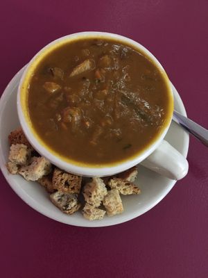 Coconut curry vegetable soup with homemade croutons  at Willows Plant-Based Eatery in Concord