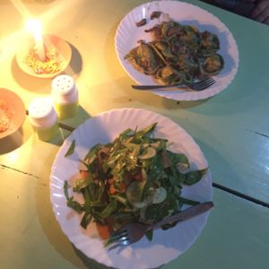 Big, beautiful salad and pasta dishes! at Vegan and Raw in Varanasi