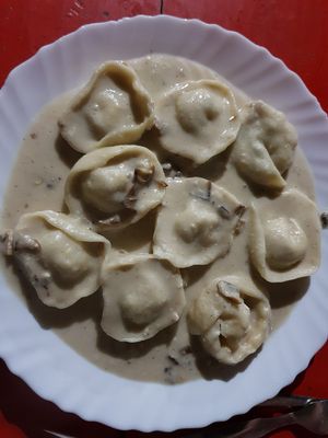 vegan tortelloni with tofu filling and mushroom sauce at Vegan and Raw in Varanasi