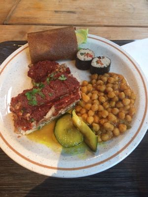 My plate. Cost about 15€. It includes the lasagna (very nice), and the chickpeas were in a curry sauce (my favourite item on the plate).  at Moonfood  in Brussels