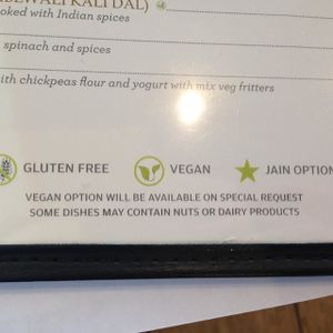vegan options marked at Chaat Bhavan in Sunnyvale