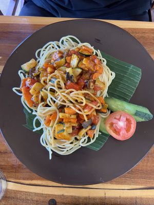 Spaghetti Vegetaria, order without cheese!  at Topi Inn in Manggis