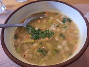 This was described as "Miso soup" but I'd call it lentil soup at Integral Figueres in Figueres
