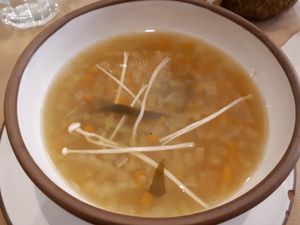 Miso soup with algae and little mushrooms at Integral Figueres in Figueres