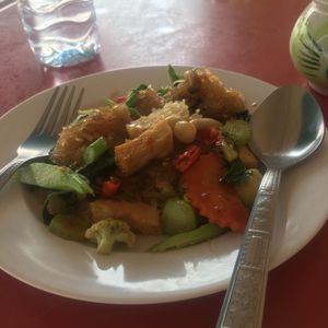 Mushroom, glass noodle, holy basil. Spice number 4  at Vegetarian Food - Maenamkwai Rd in Kanchanaburi