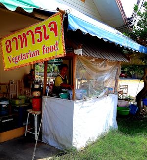 The lovely lady smiling at Vegetarian Food - Maenamkwai Rd in Kanchanaburi
