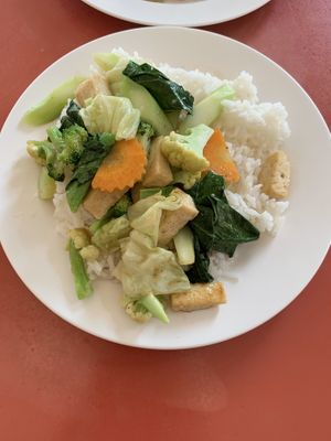 Steamed Rice and Stir Fried Vegetable and Tofu. 10 out of 10  at Vegetarian Food - Maenamkwai Rd in Kanchanaburi