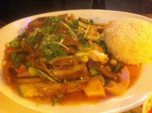 Vegetables and rice with vegan duck. Very good. at Chay Viet in Dresden