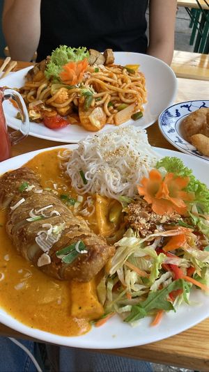 Top: udon noodles with TomYum sauce and vegan duck. Bottom: rice noodles with mango curry sauce and vegan duck  at Chay Viet in Dresden