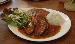New dish: Vegan Tuna (Seitan with Nori algae) with hot tomato sauce at Chay Viet in Dresden